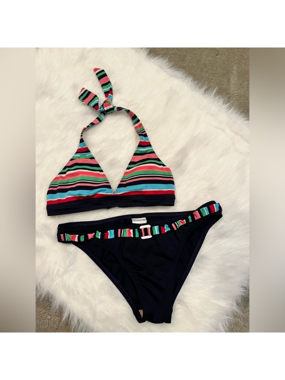 AFF Striped Halter Bikini Set in Navy, Red, Pink, Green and Blue